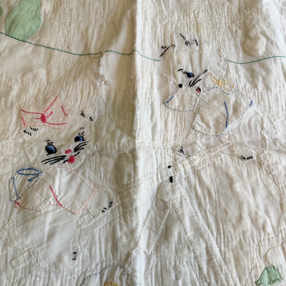 Vintage Hand Embroidered Baby Quilt White Cotton Kittens Birds Floral 54x36